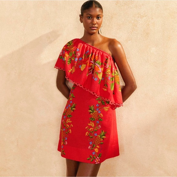 Farm Rio Red Tropical Romance Linen blend Mini Dress, size XS, NWT, retail $300 - Picture 2 of 8